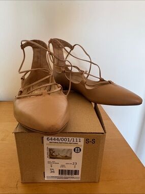 Zara Natural Tan Lace-Up Pointed Flats